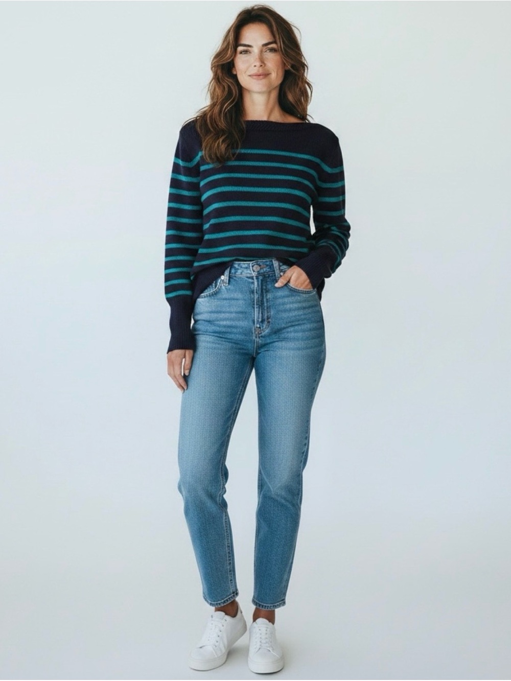 ANN TAYLOR LOFT Striped Boatneck Pullover Sweater Navy Green Women's Medium - Picture 3 of 12